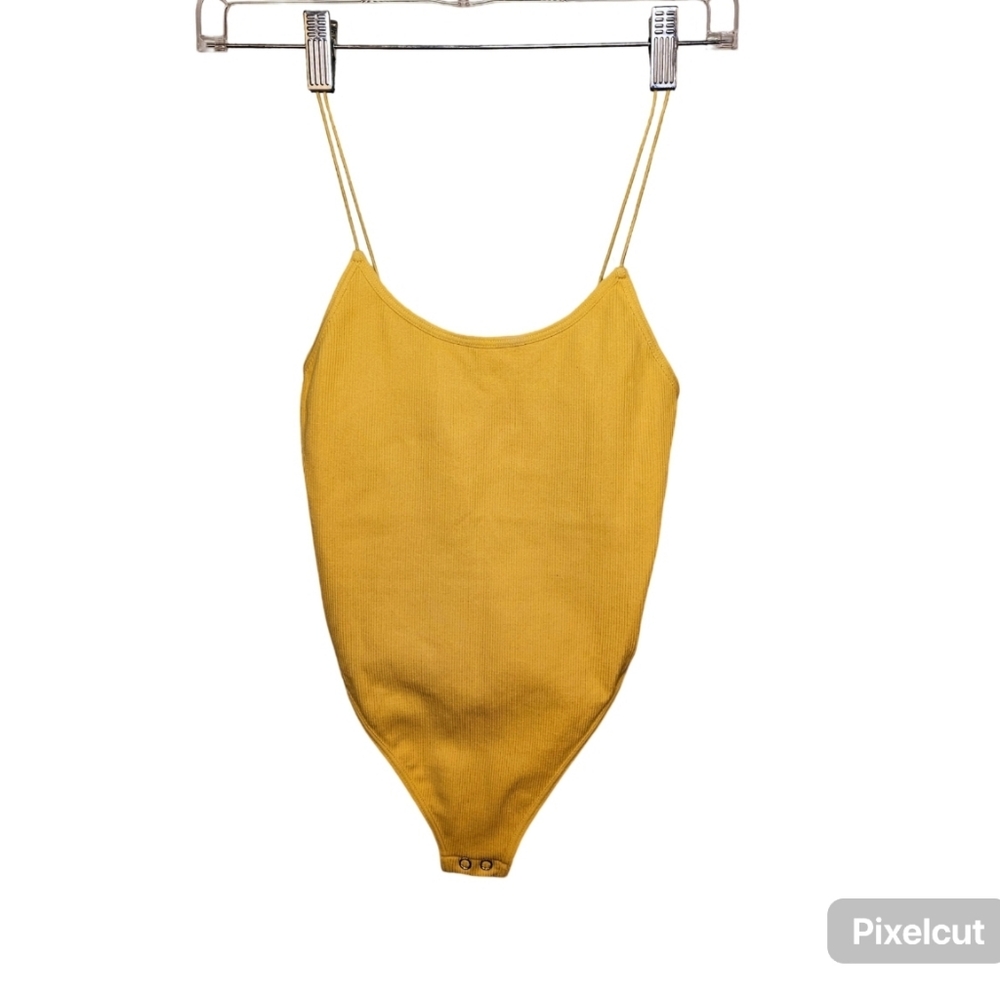 Yellow ribbed stretch nylon knit bodysuit top size S US